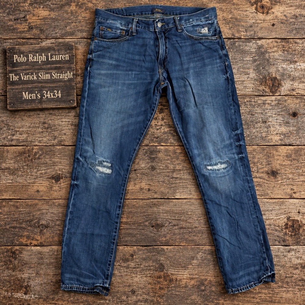 Polo Ralph Lauren Varick Slim Straight Jeans Mens 34x34 Blue Distressed Denim